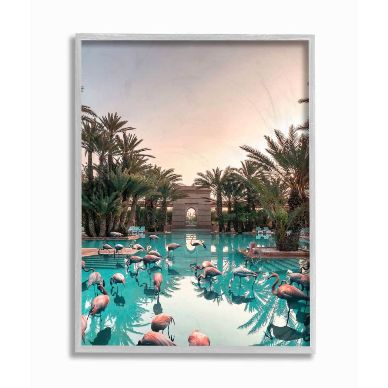 Stupell Industries Tropical Pink Flamingo Pool Relaxed Reflection Palm Trees Gray Framed Wall Art